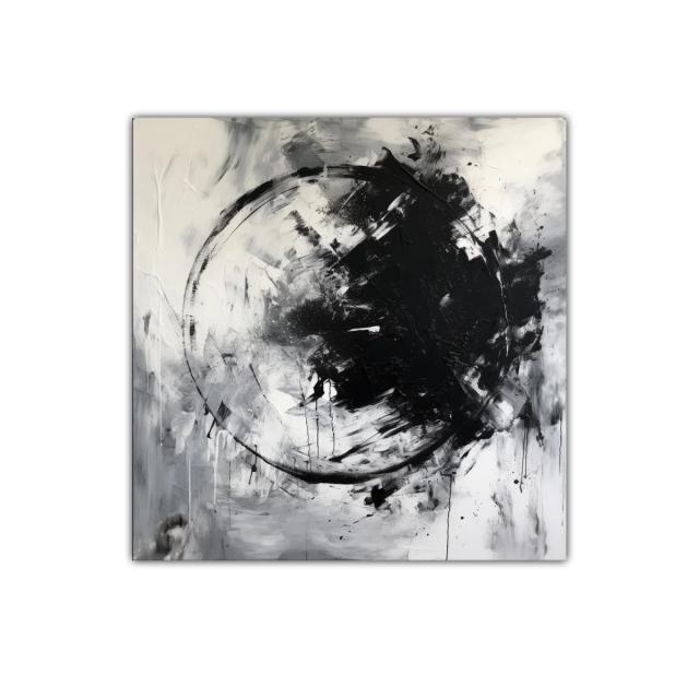 Cuadro abstracto en blanco y negro con círculo dinámico