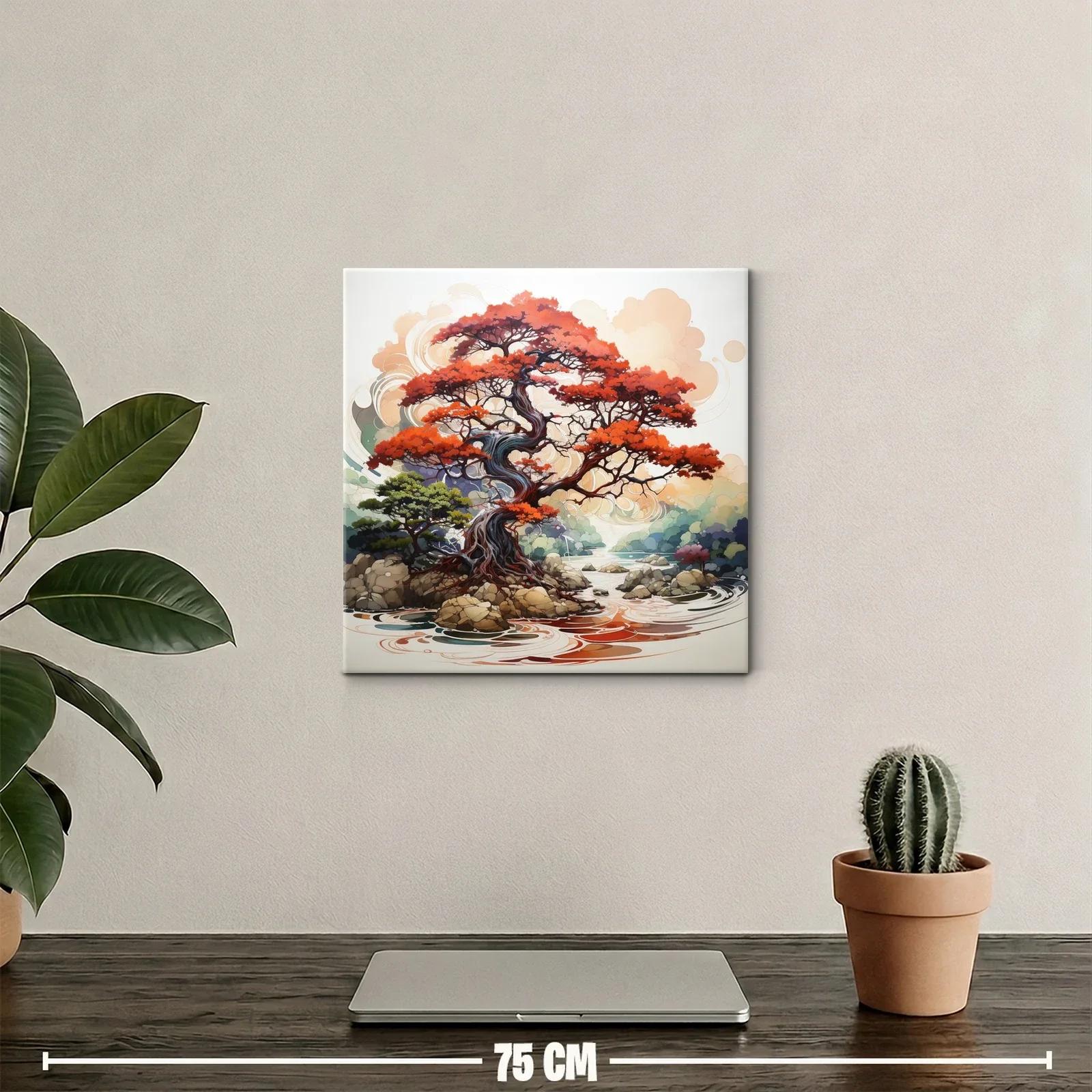 Árbol rojo sobre río con rocas y paisaje sereno — miniatura 2