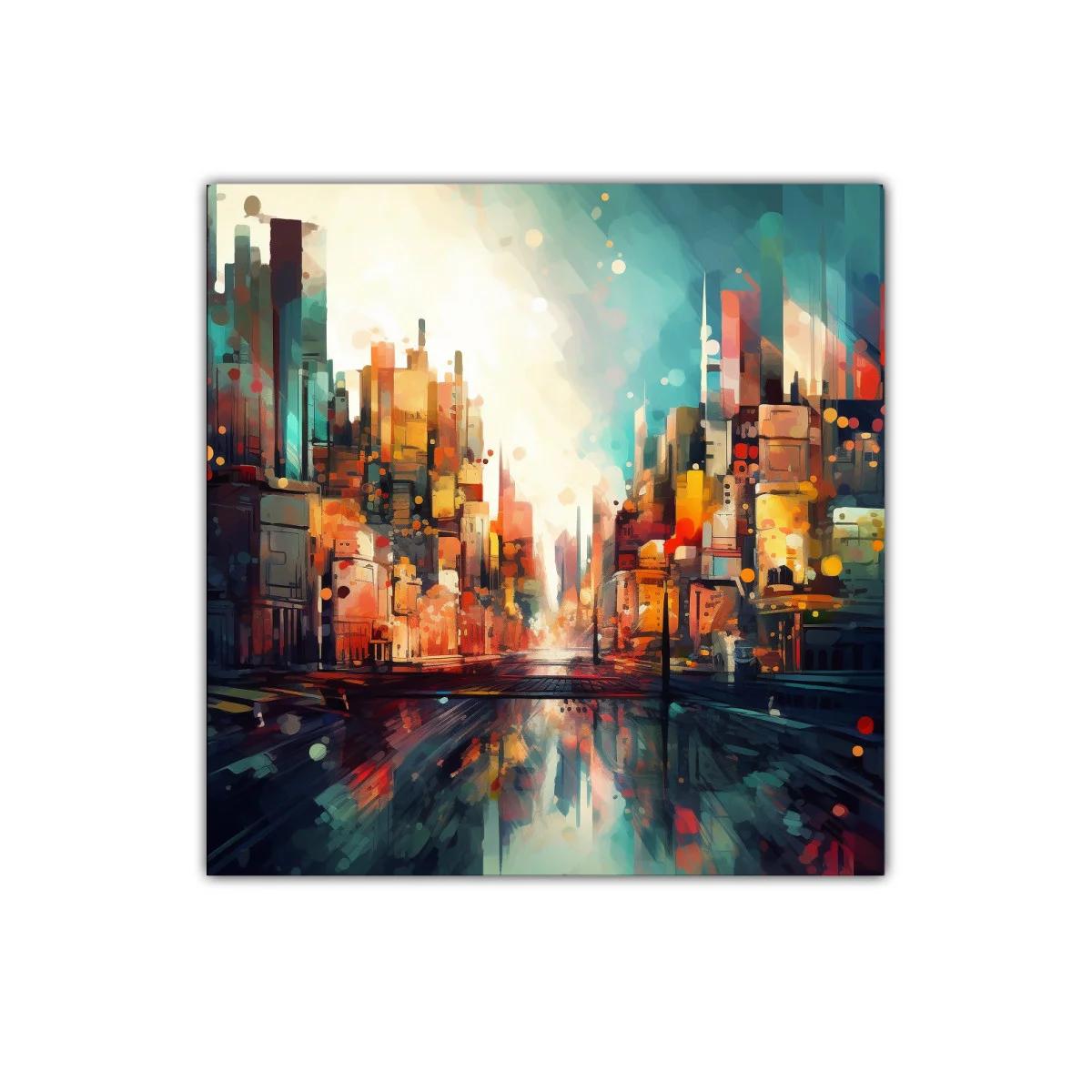 Cuadro urbano con luces vibrantes y reflejos intensos — imagen principal