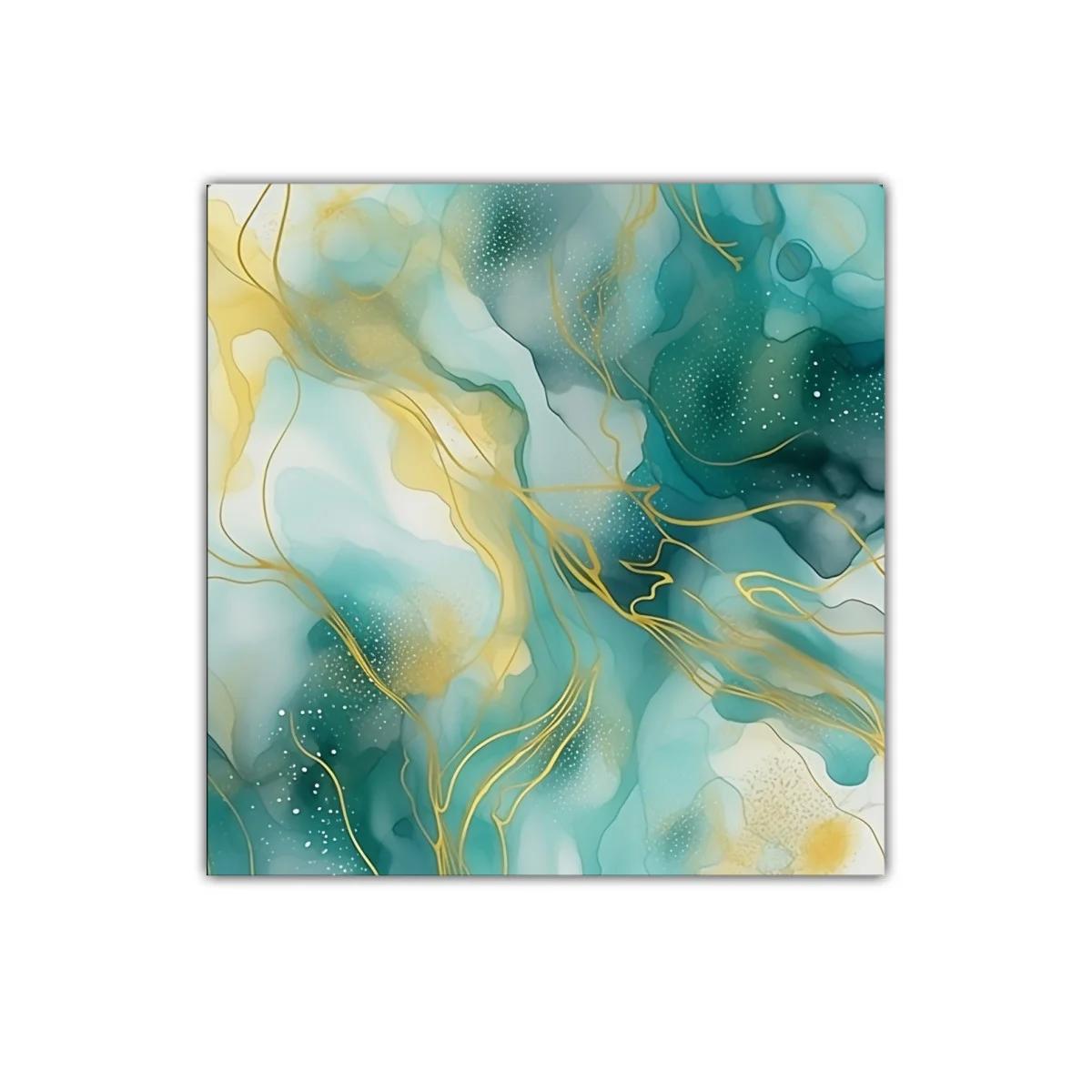 Cuadro abstracto en tonos turquesa y dorado