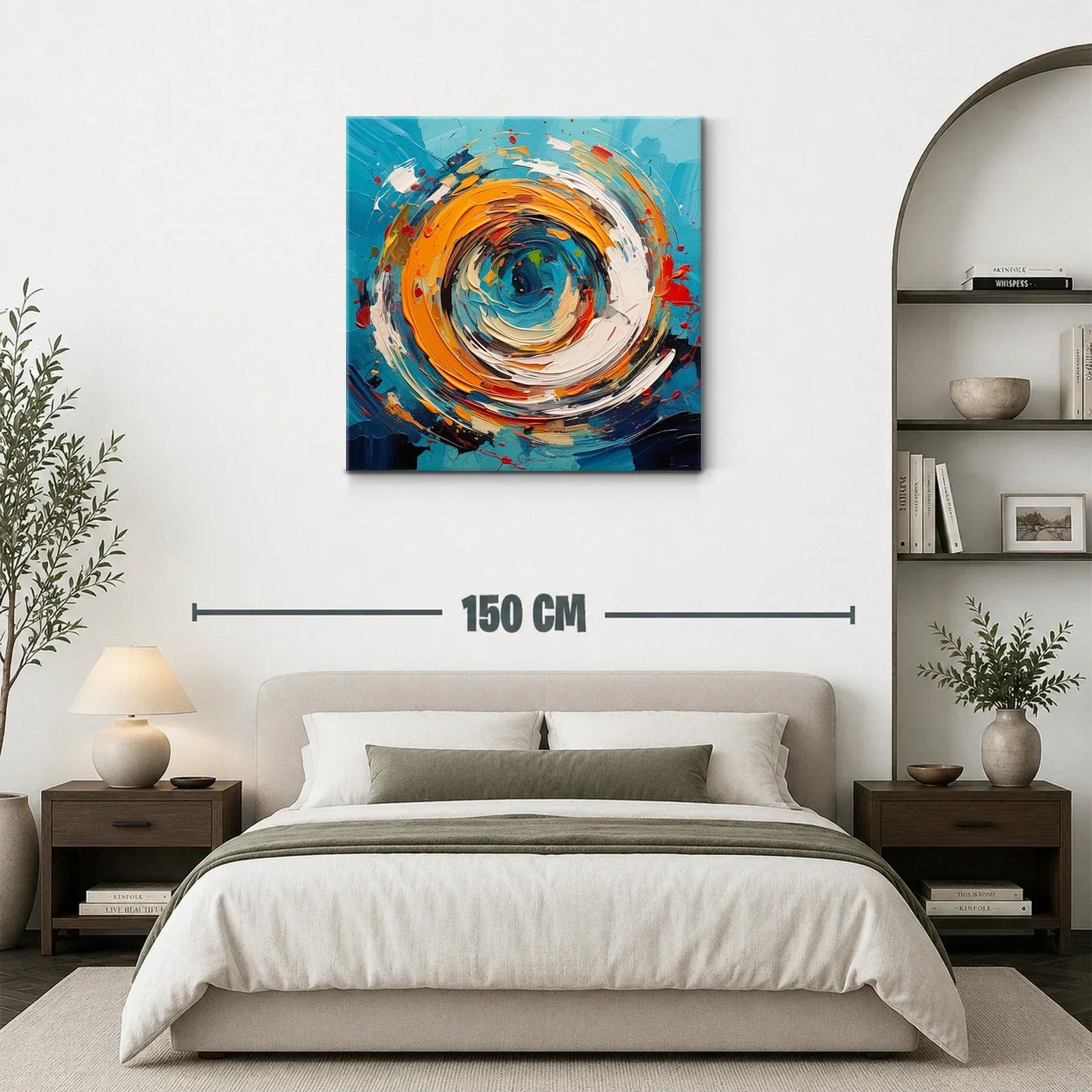 Cuadro abstracto con remolino en tonos azules y naranjas vivos — miniatura 3