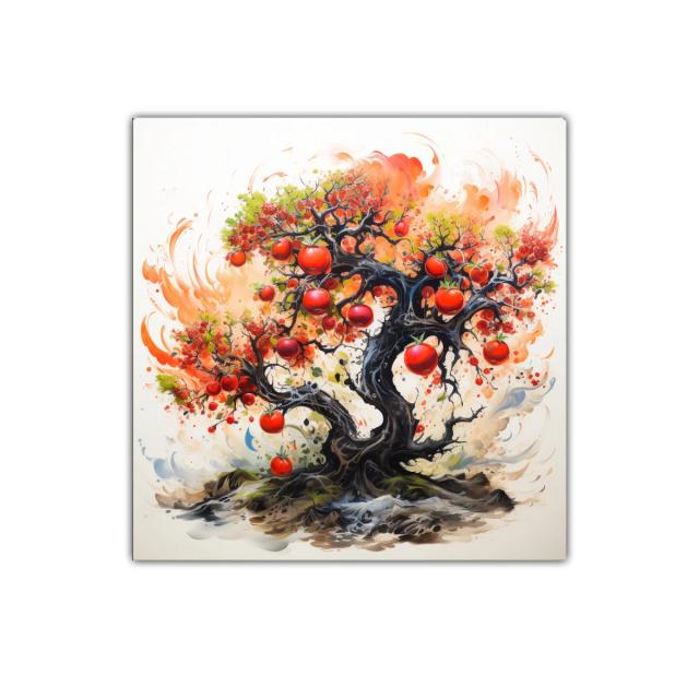 Árbol frutal vibrante con tonos cálidos y rojizos