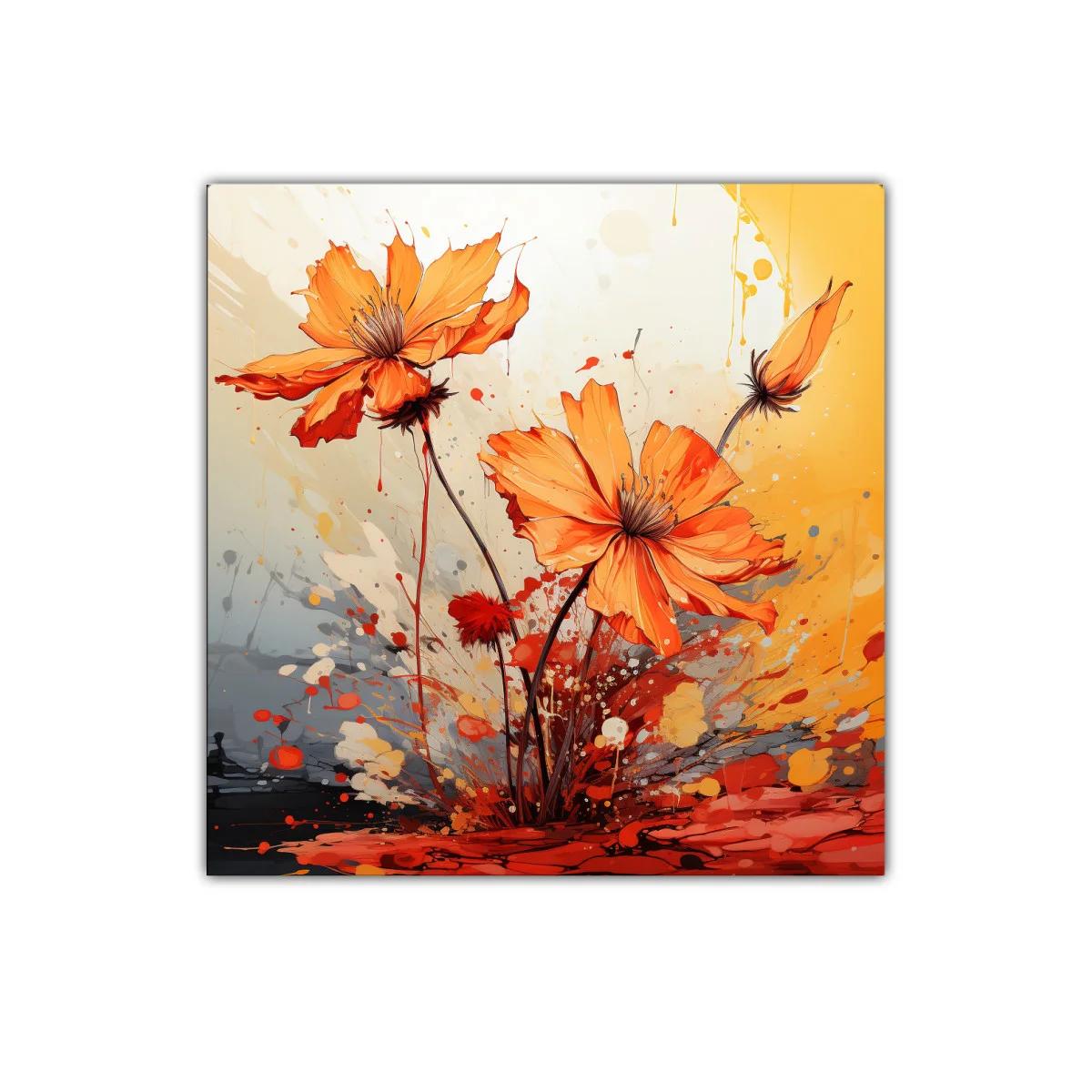 Cuadro decorativo con flores naranjas vibrantes en movimiento