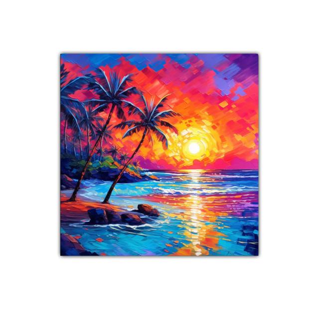 Atardecer vibrante con palmeras en la playa tropical