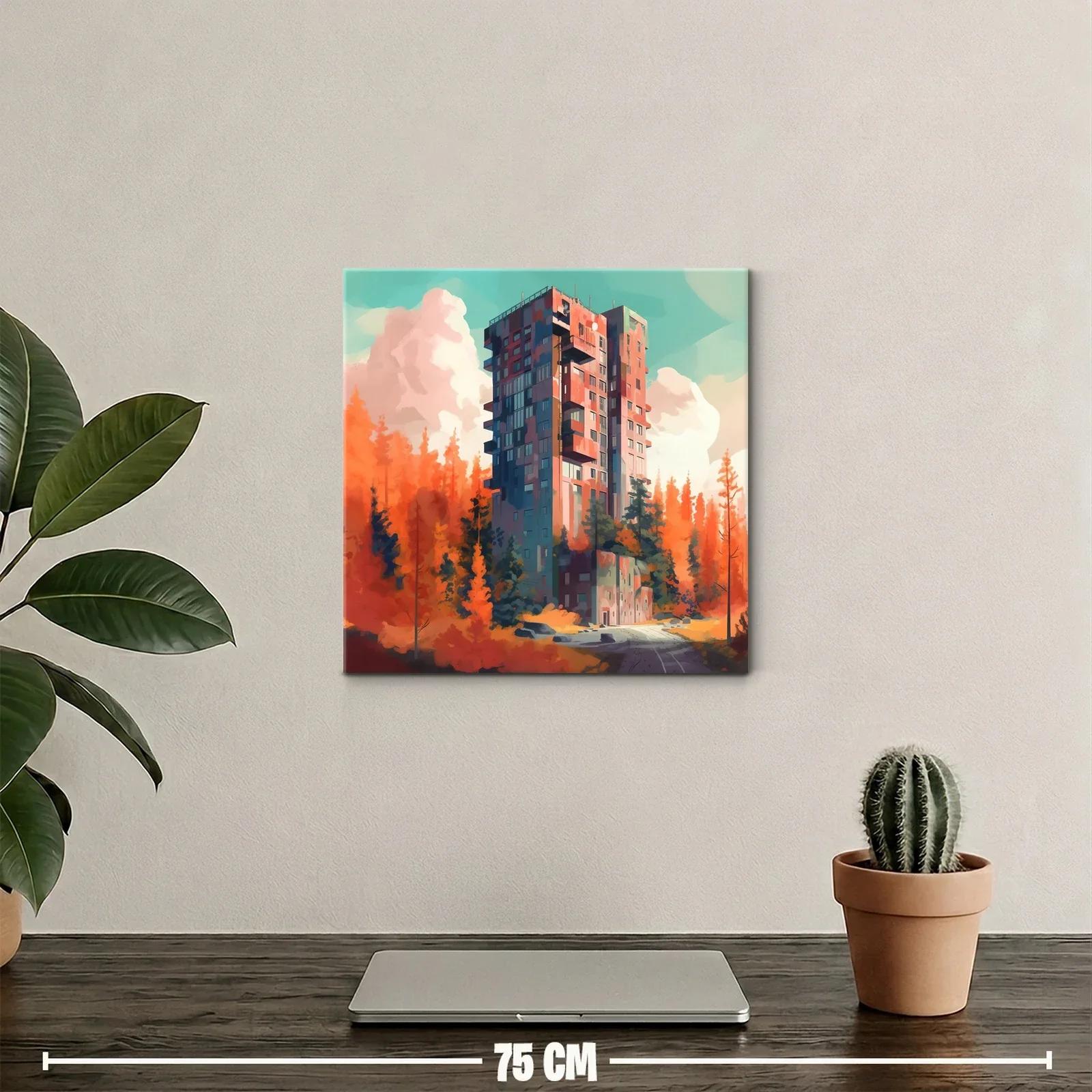 Edificio solitario en paisaje otoñal entre árboles naranjas — miniatura 2