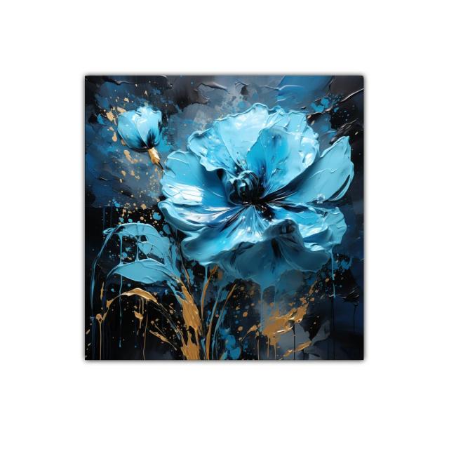 Impactante cuadro de flor azul con detalles dorados brillantes