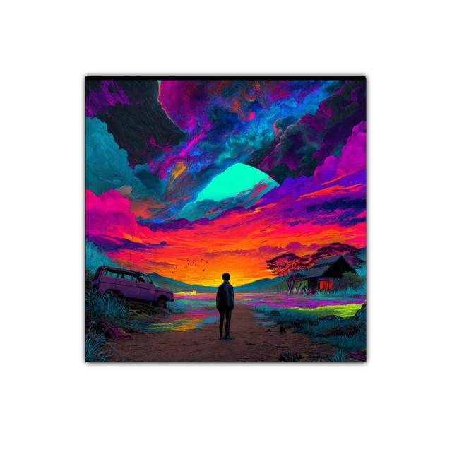 Paisaje surrealista con cielo vibrante y figura solitaria