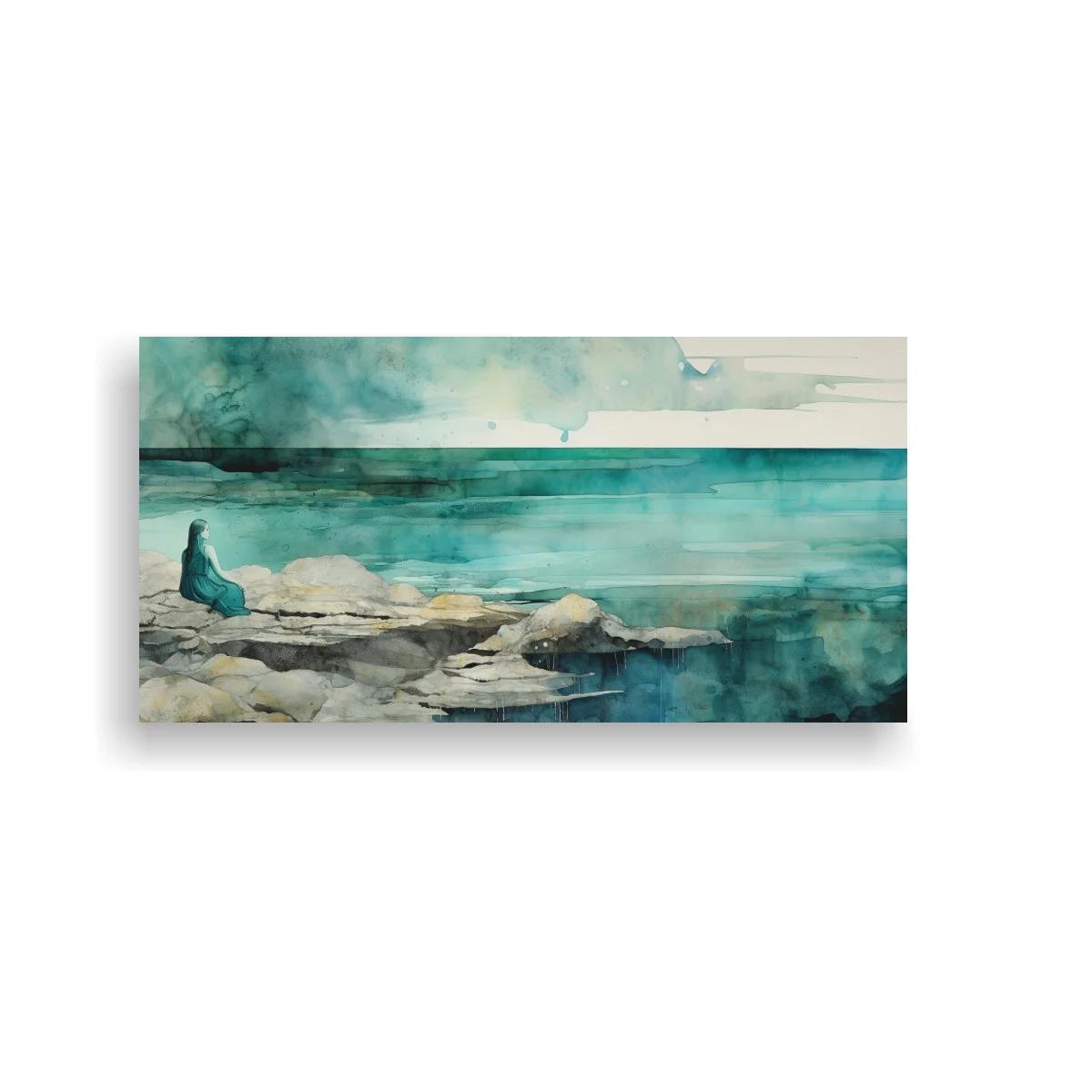 Cuadro figura solitaria junto al mar con rocas claras