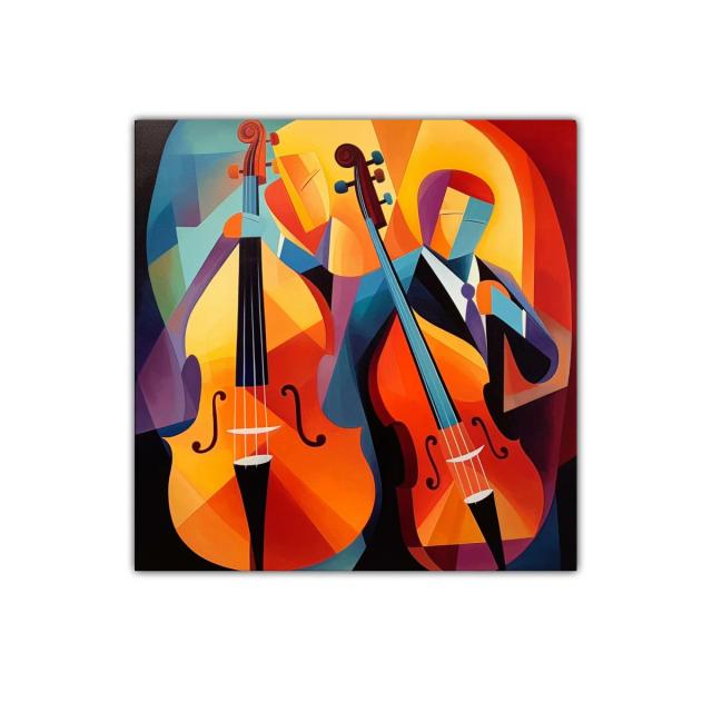 Cuadro vibrante con músicos y violonchelos en tonos cálidos