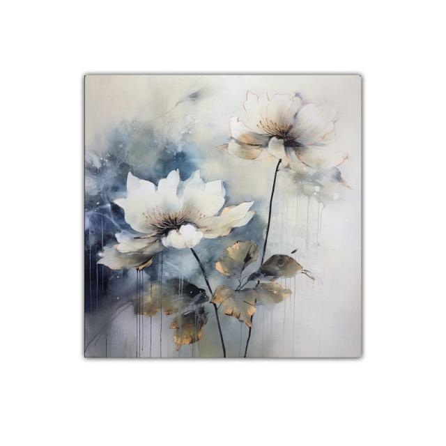 Delicadas flores blancas con toque dorado sobre fondo azul grisáceo