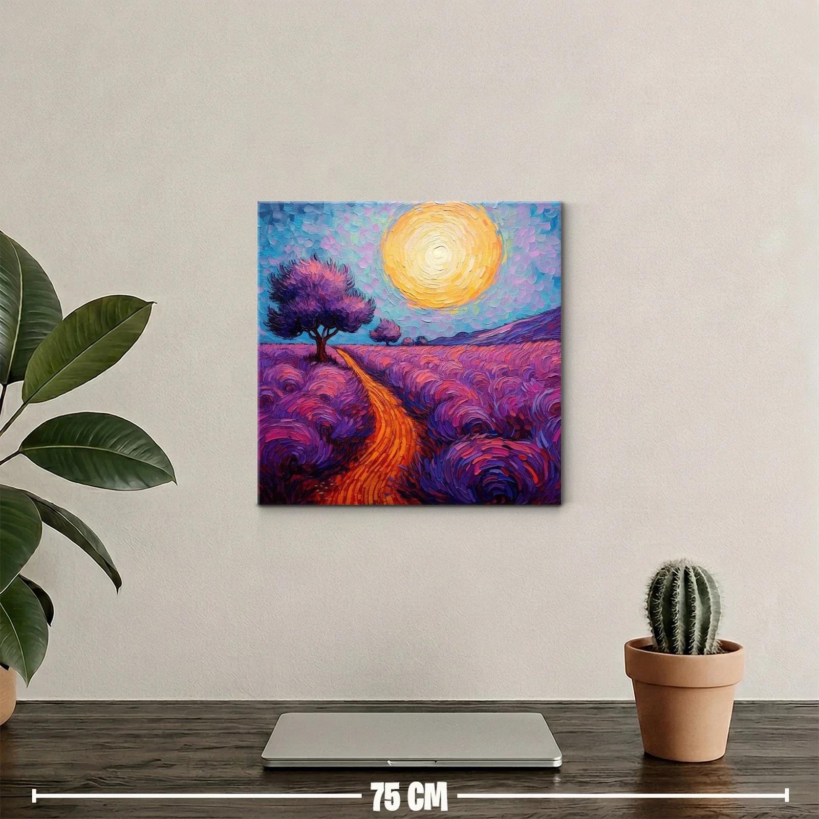 Paisaje vibrante con camino y árboles en tonos cálidos y púrpuras — miniatura 2