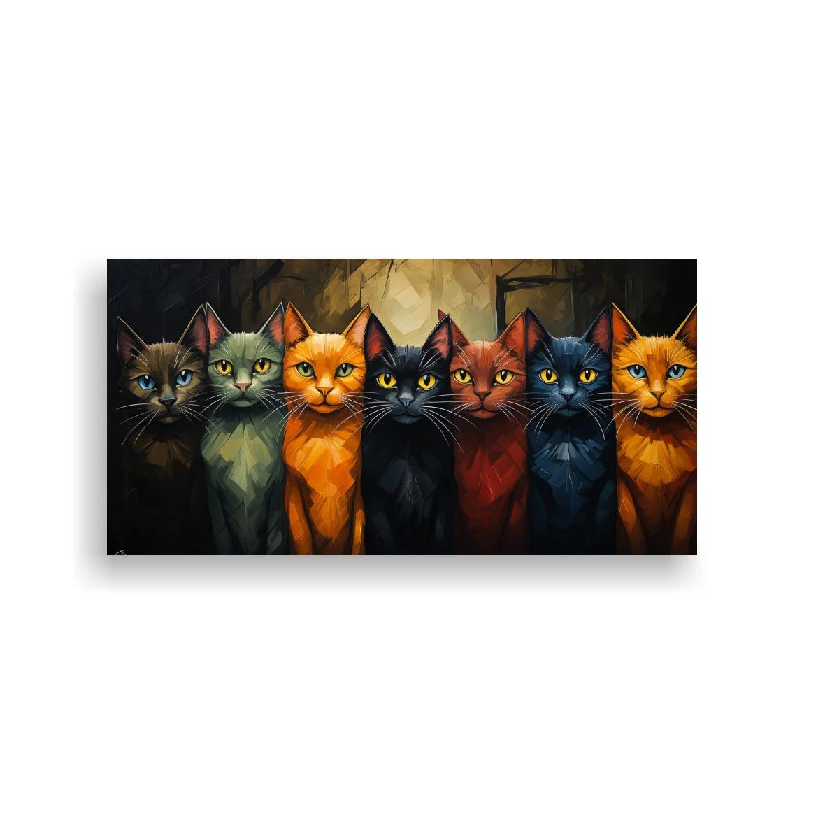 Cuadro grupo de gatos alineados con pinceladas angulosas