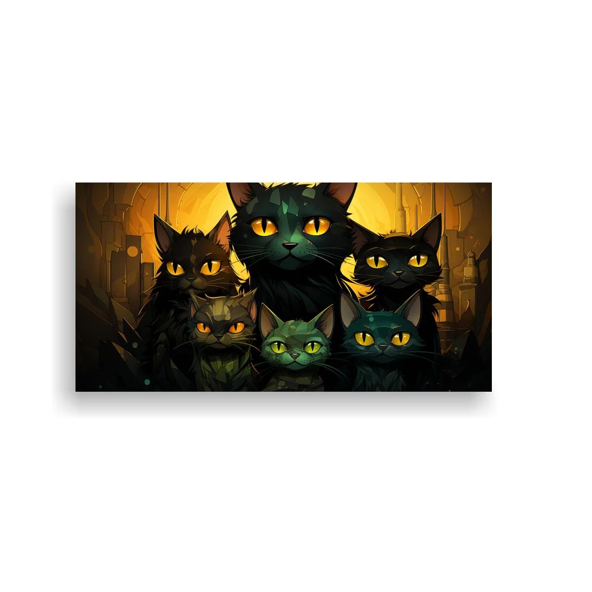 Cuadro grupo de gatos negros con luces cálidas