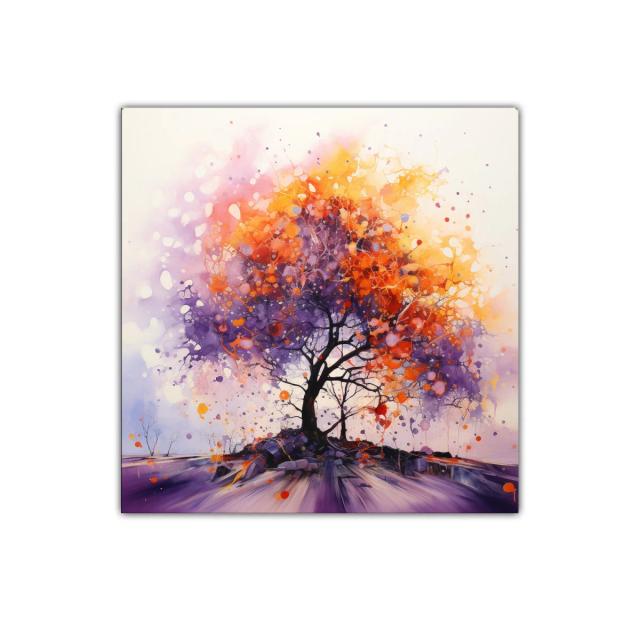 Árbol vibrante con tonos cálidos y morados en movimiento