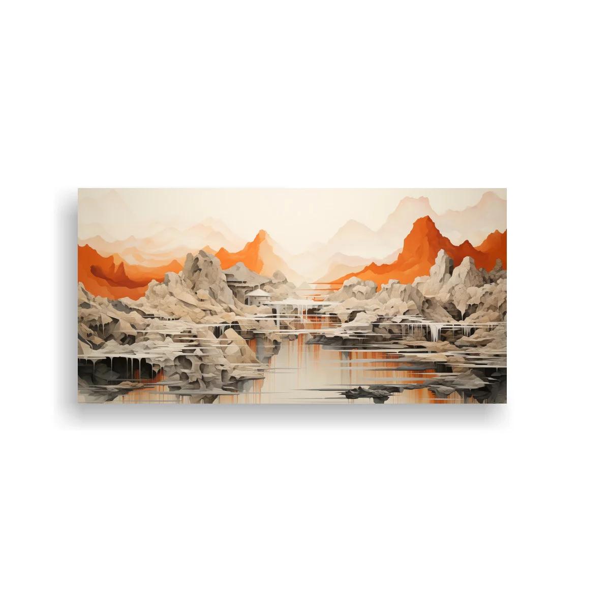 Cuadro paisaje montañoso con lago y rocas estratificadas
