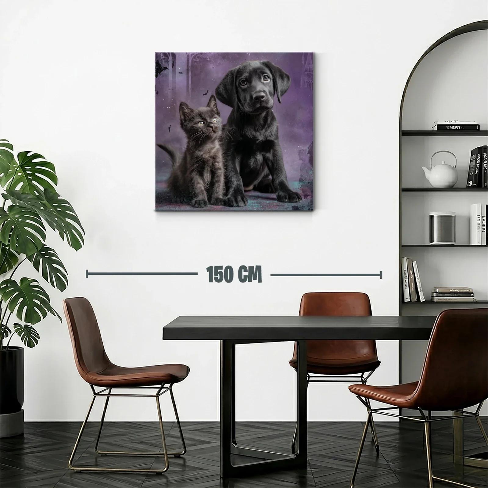 Tierno cuadro de cachorro y gatito sobre fondo violeta — miniatura 2