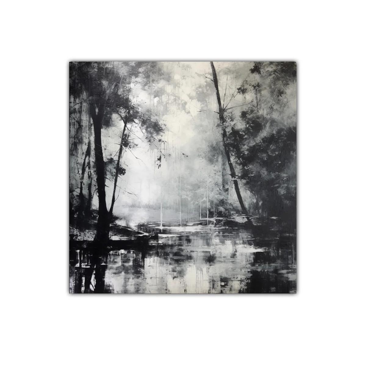 Paisaje monocromo en bosque reflejado en agua