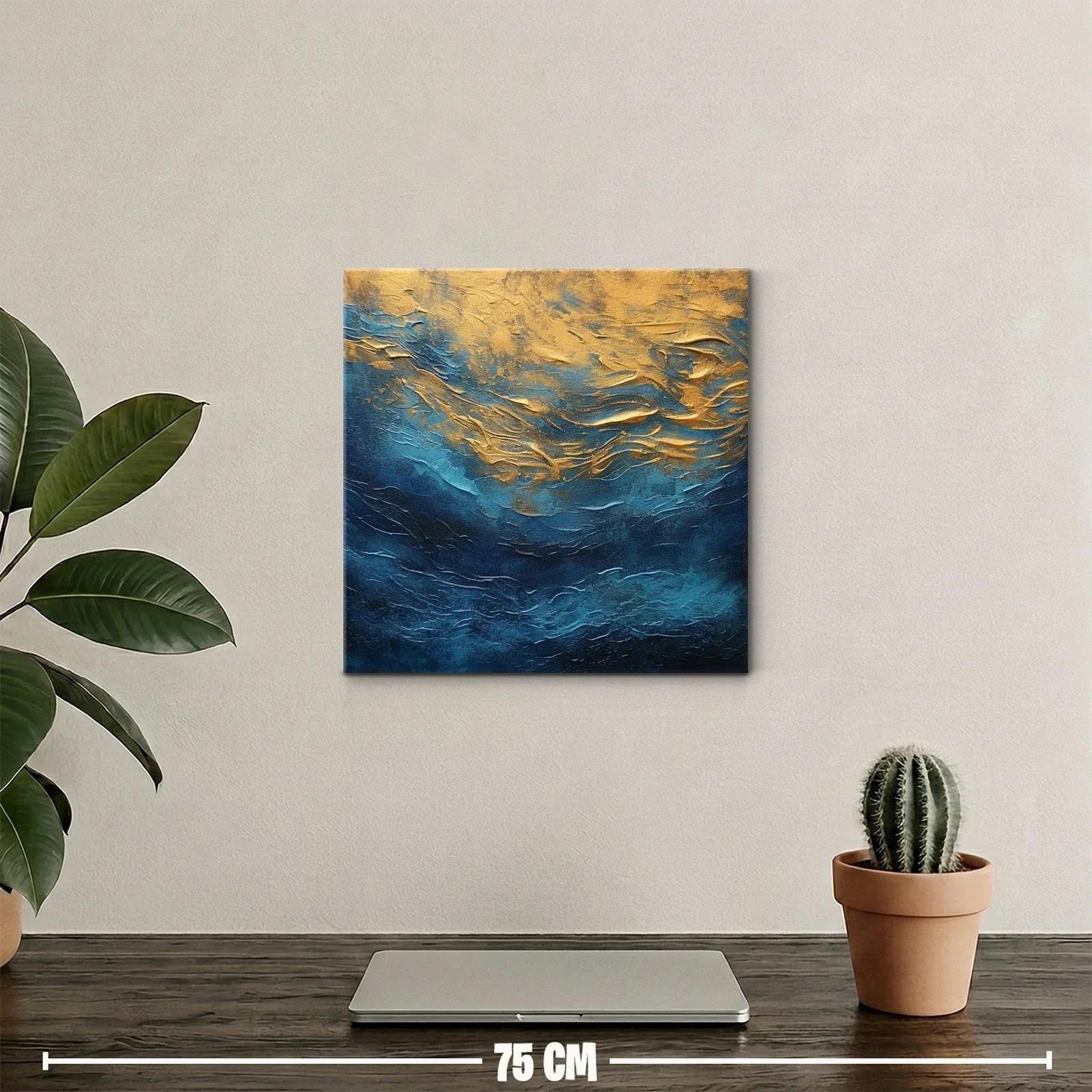 Cuadro abstracto con texturas doradas y tonos azules intensos — miniatura 2