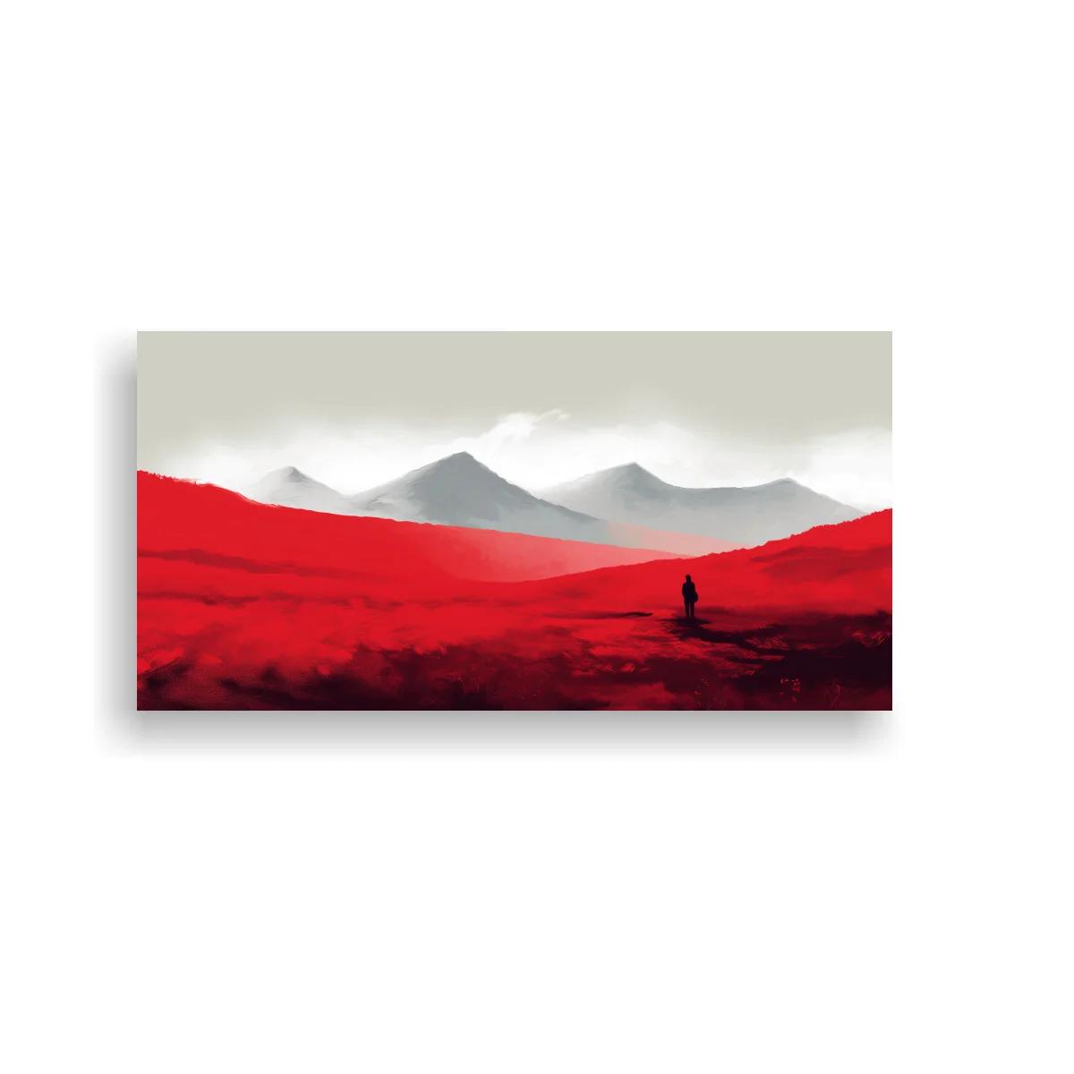 Cuadro paisaje de montañas rojas con caminante
