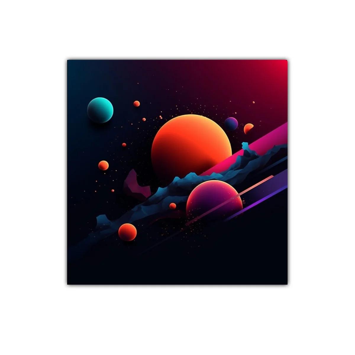 Cuadro abstracto con planetas vibrantes en espacio oscuro — imagen principal