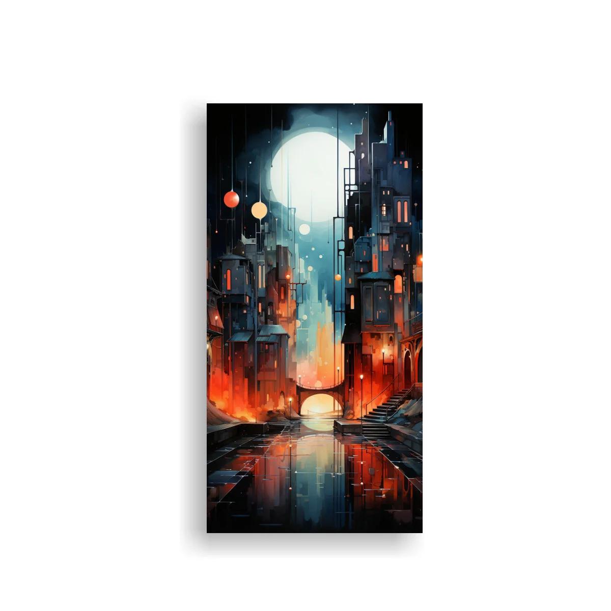 Cuadro ciudad nocturna con luna llena y canal iluminado