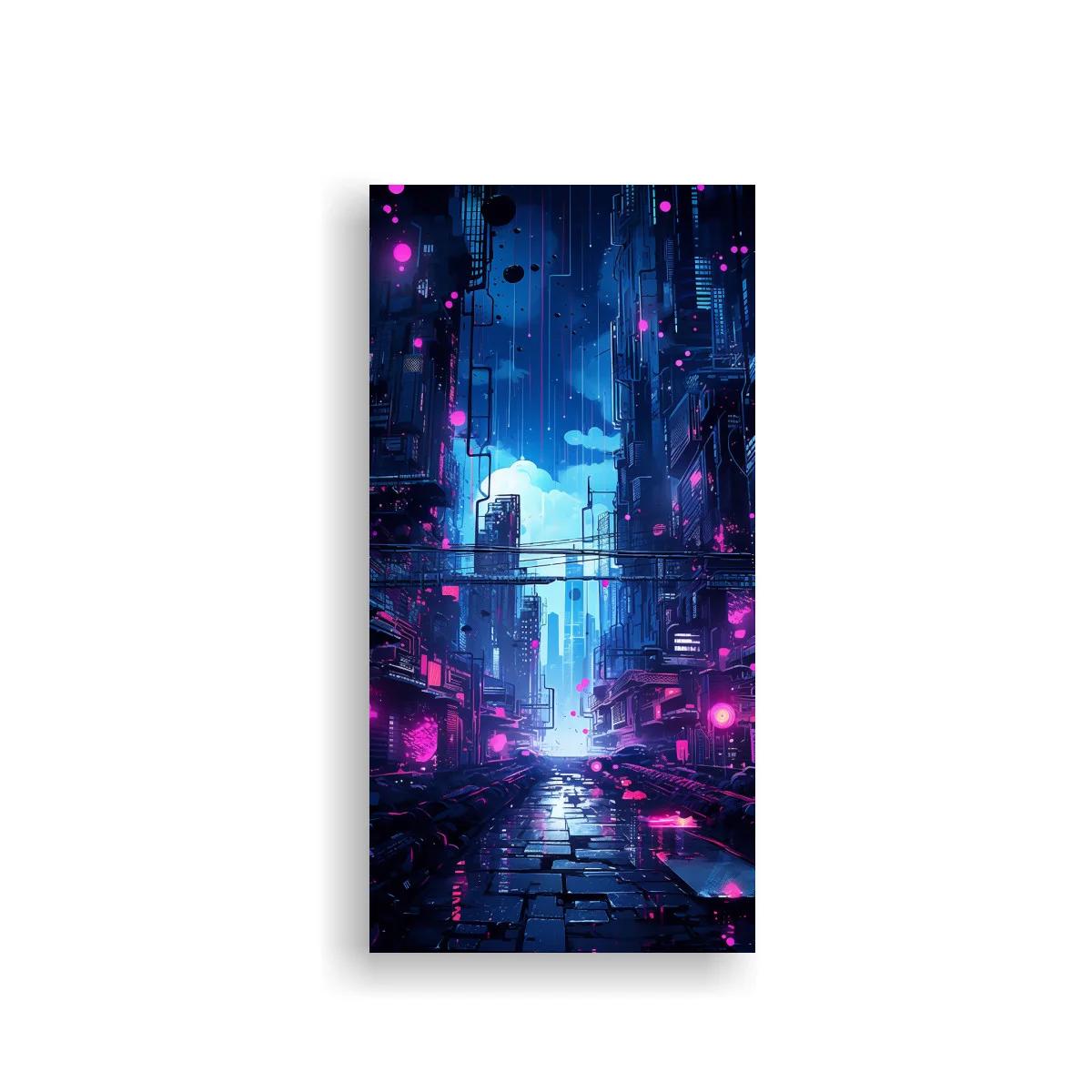 Cuadro calle futurista cyberpunk con neones y cables colgantes