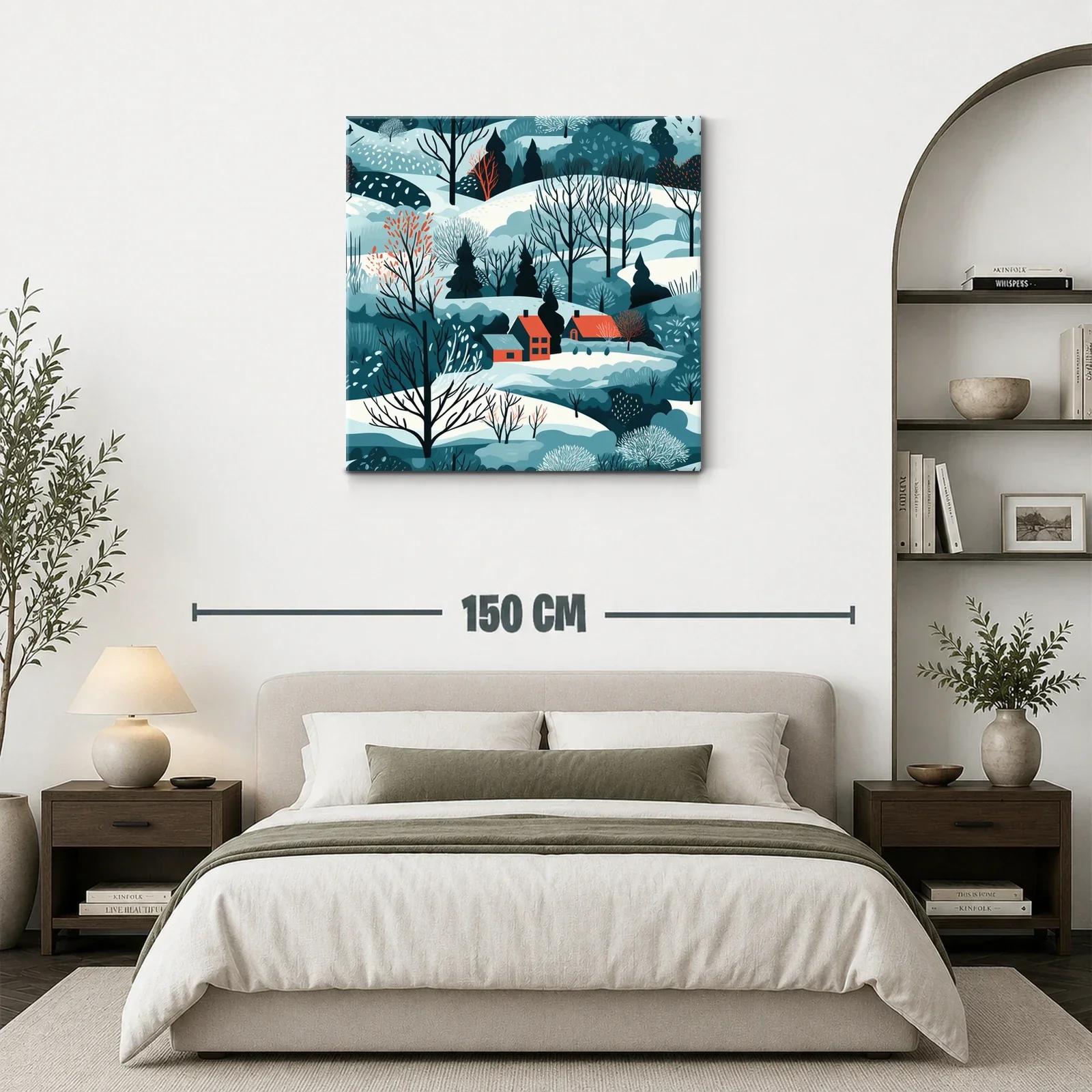 Paisaje invernal con casas y árboles desnudos en tonos fríos — miniatura 3