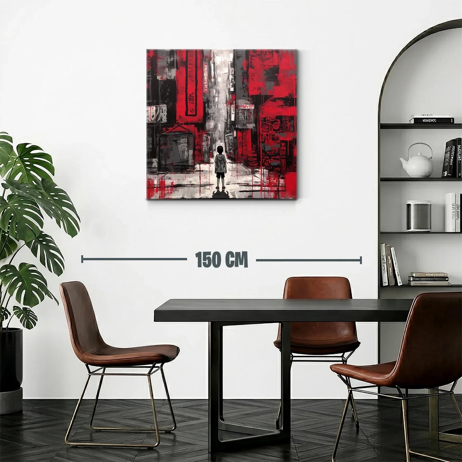 Escena urbana con niño en tonos rojos y grises vibrantes — miniatura 2