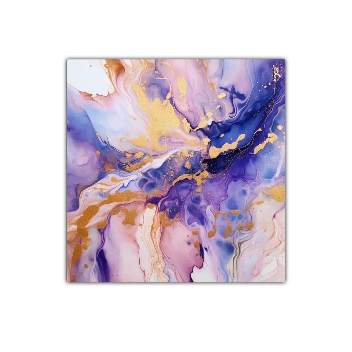 Cuadro abstracto en tonos violetas y dorados vibrantes