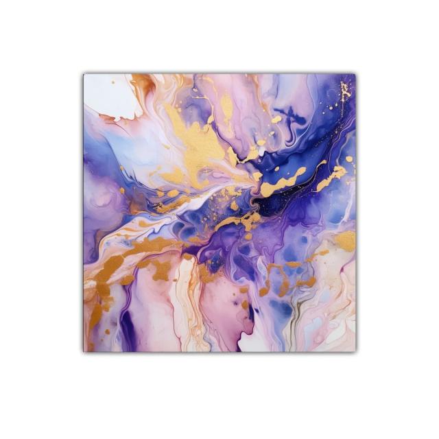 Cuadro abstracto en tonos violetas y dorados vibrantes