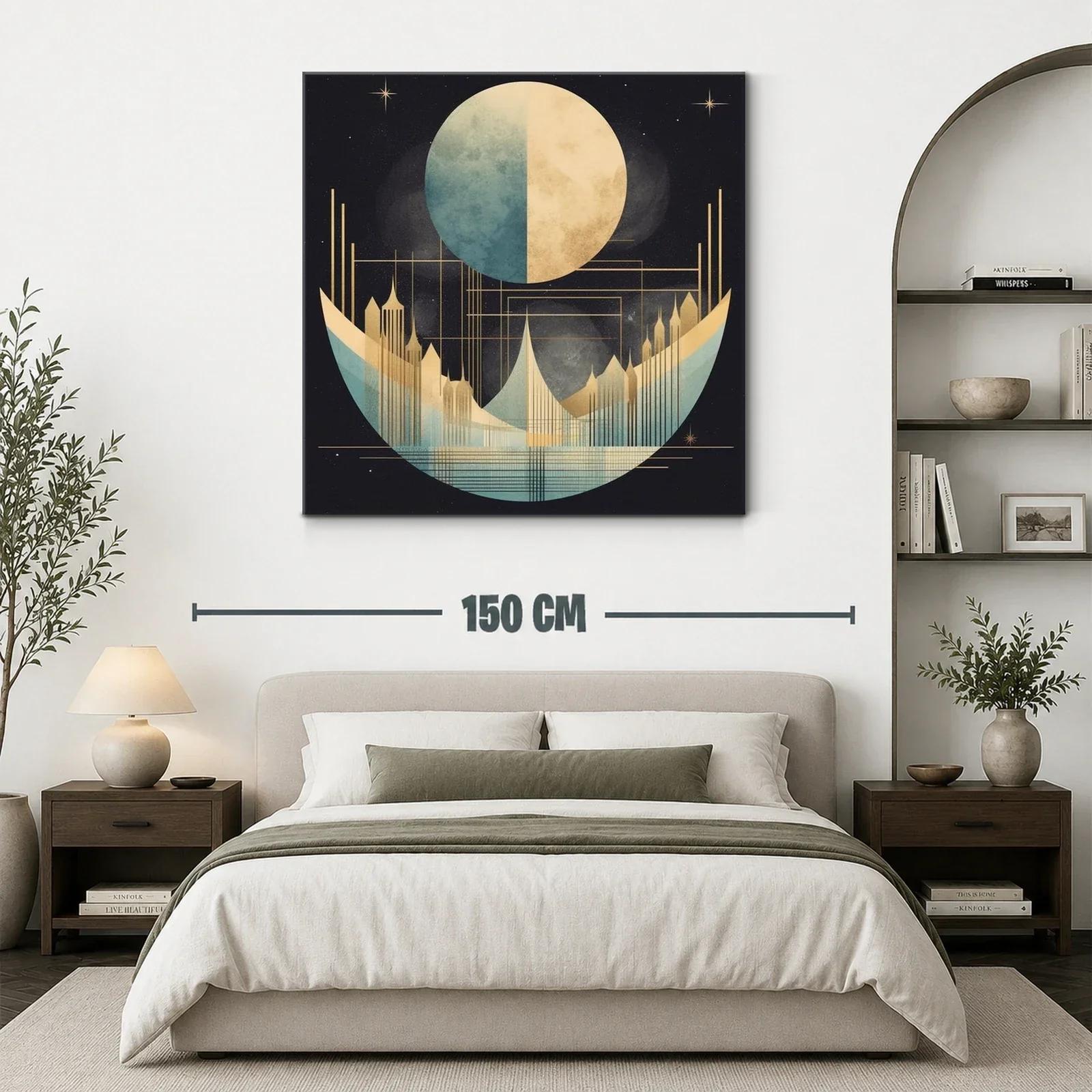 Cuadro abstracto con luna y ciudad futurista en tonos dorados — miniatura 3