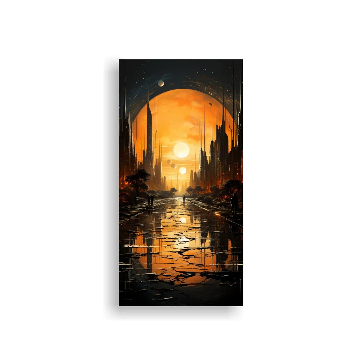 Cuadro ciudad futurista al atardecer con avenida mojada