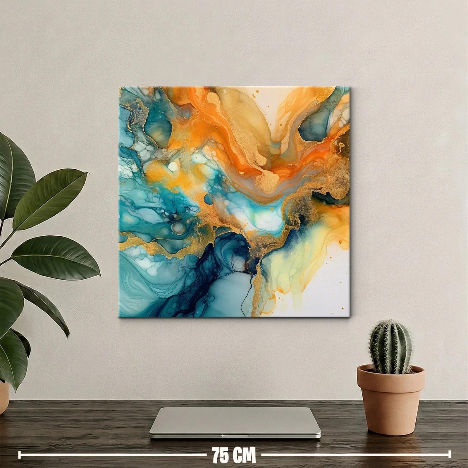 Cuadro abstracto en tonos turquesa y dorado vibrante — miniatura 2