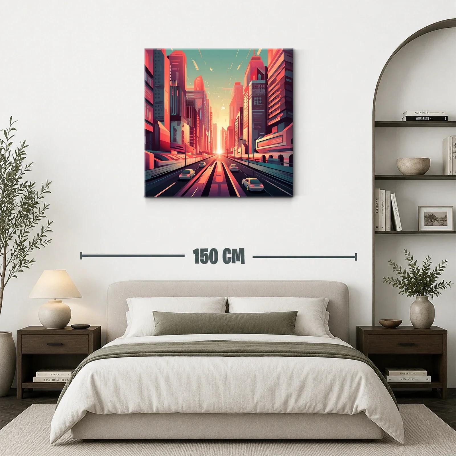 Ciudad futurista al atardecer con tonos cálidos y vibrantes — miniatura 3