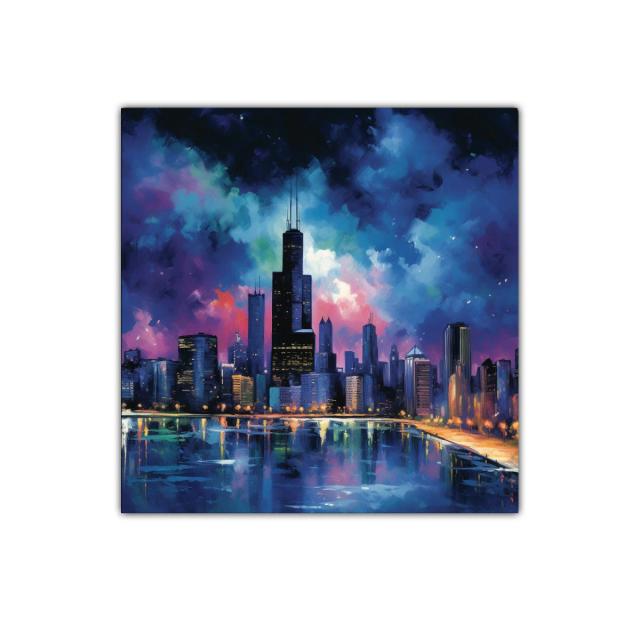 Ciudad nocturna con reflejos y cielo vibrante en azul y púrpura