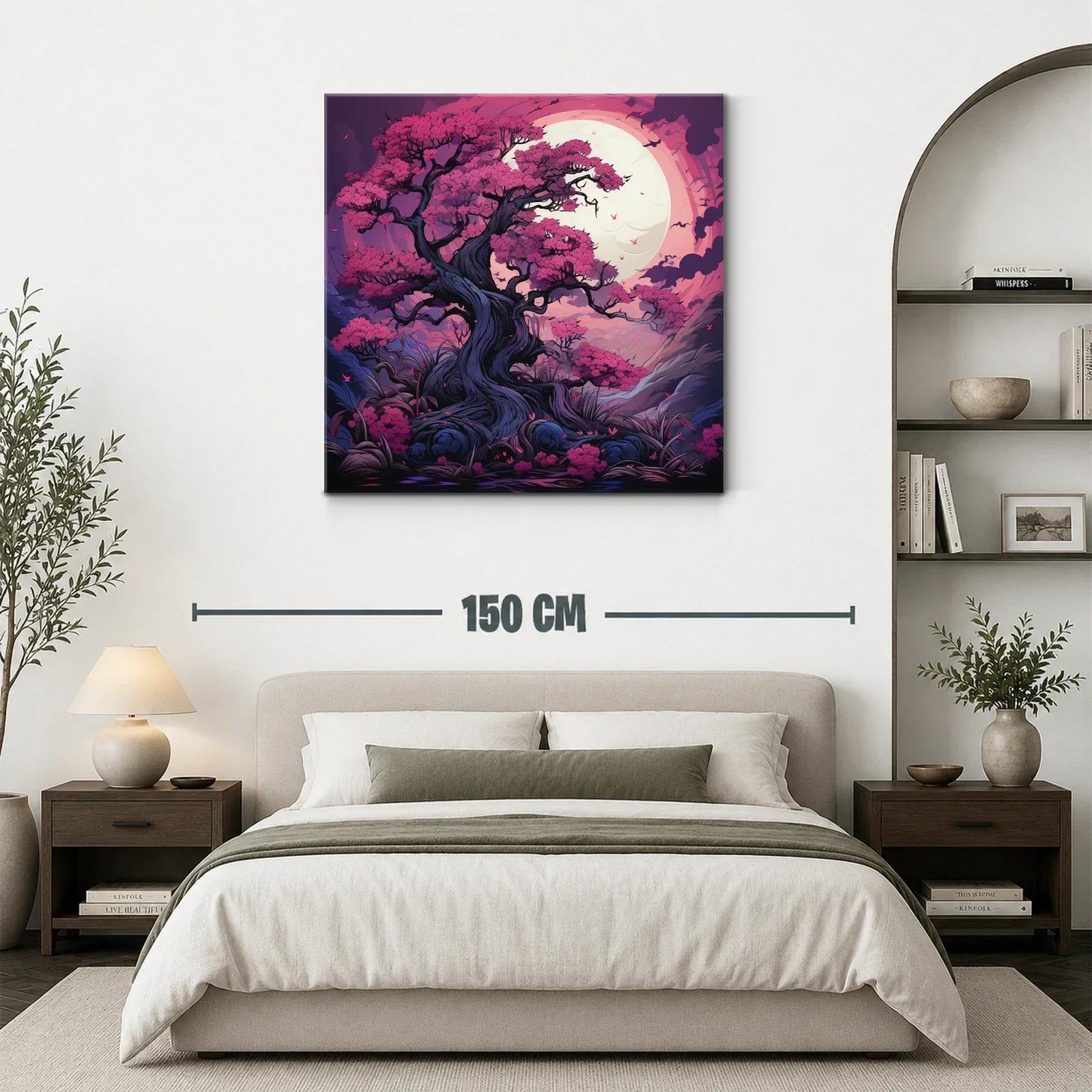 Árbol floreciente bajo luna llena en tonos vibrantes — miniatura 3