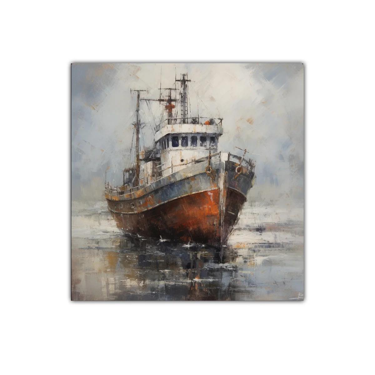 Cuadro barco antiguo en paisaje marino brumoso — imagen principal