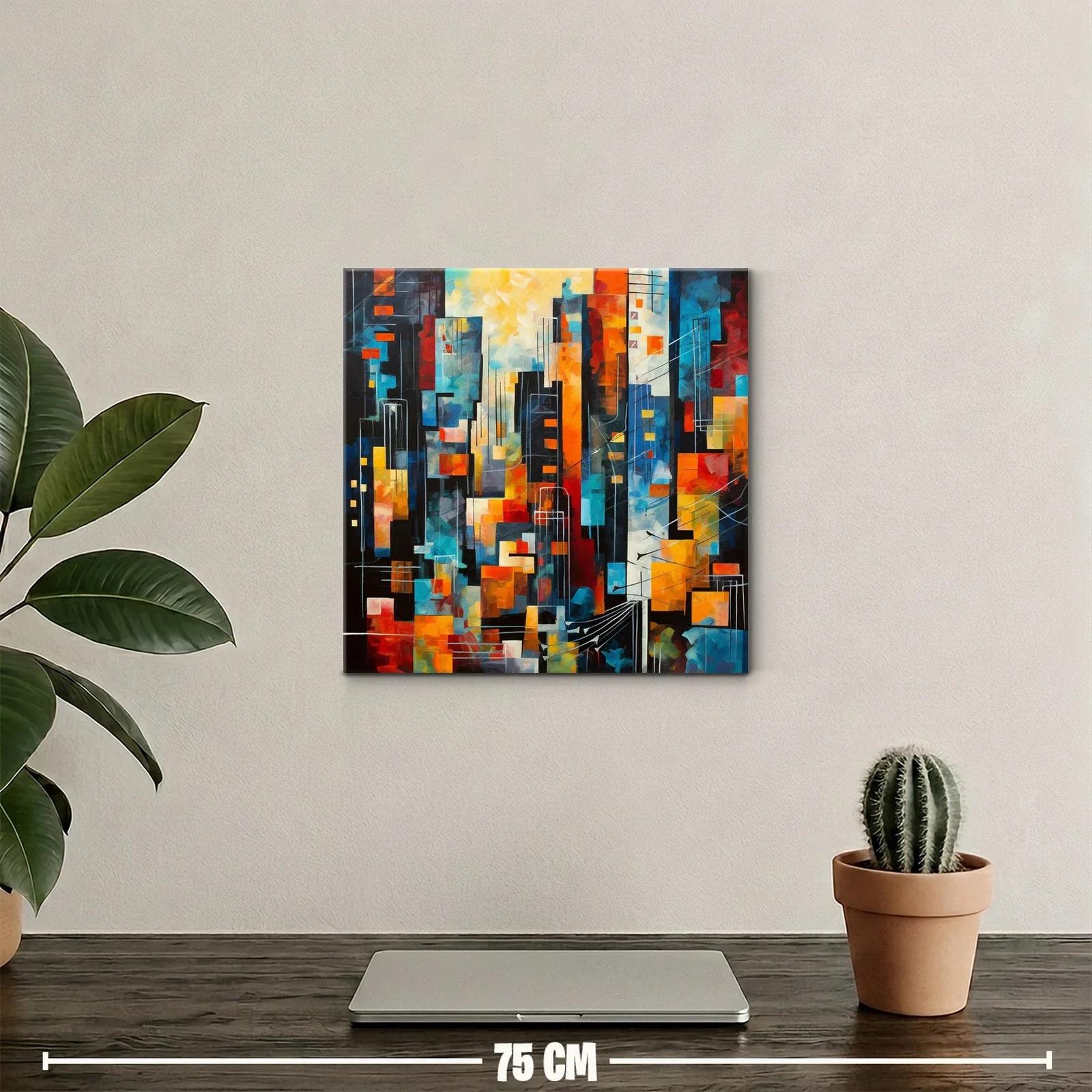 Cuadro abstracto con vibrante ciudad en tonos cálidos y fríos — miniatura 2