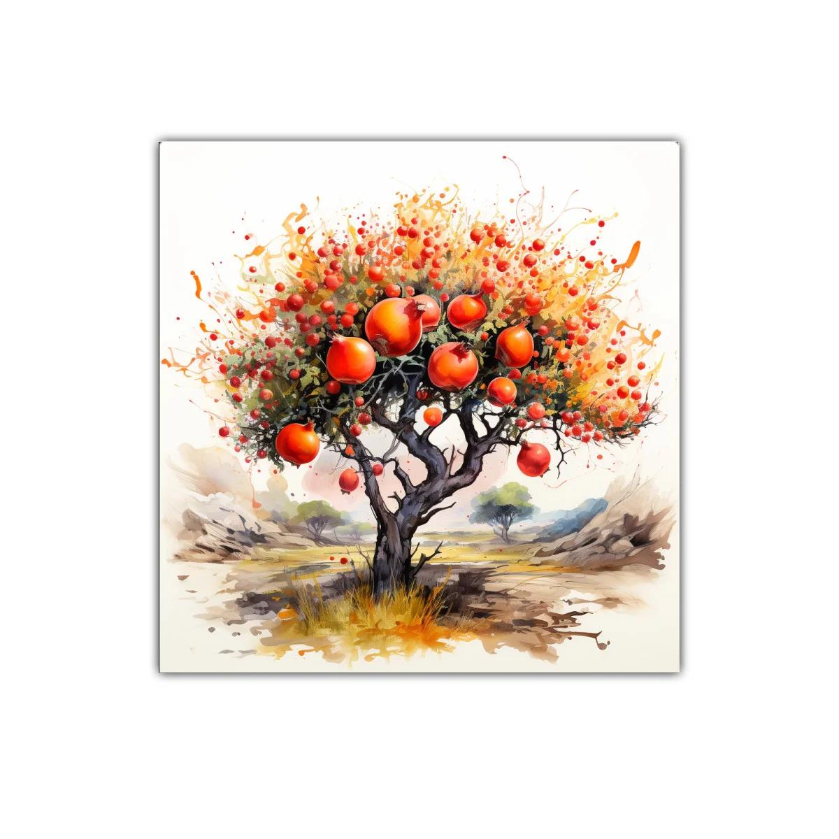 Árbol frutal con granadas en tonos cálidos y vibrantes
