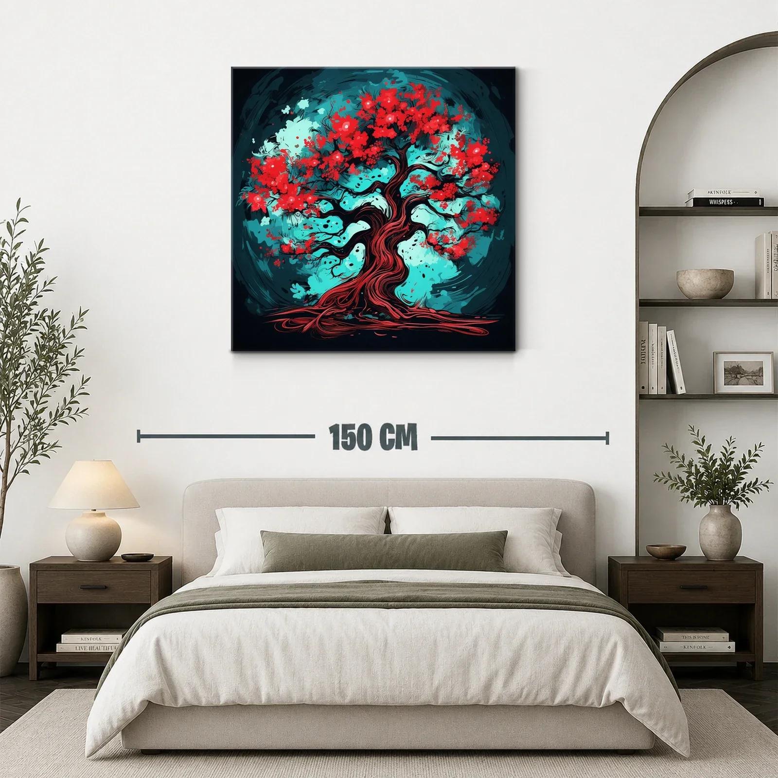 Árbol vibrante con flores rojas y fondo turquesa intenso — miniatura 3