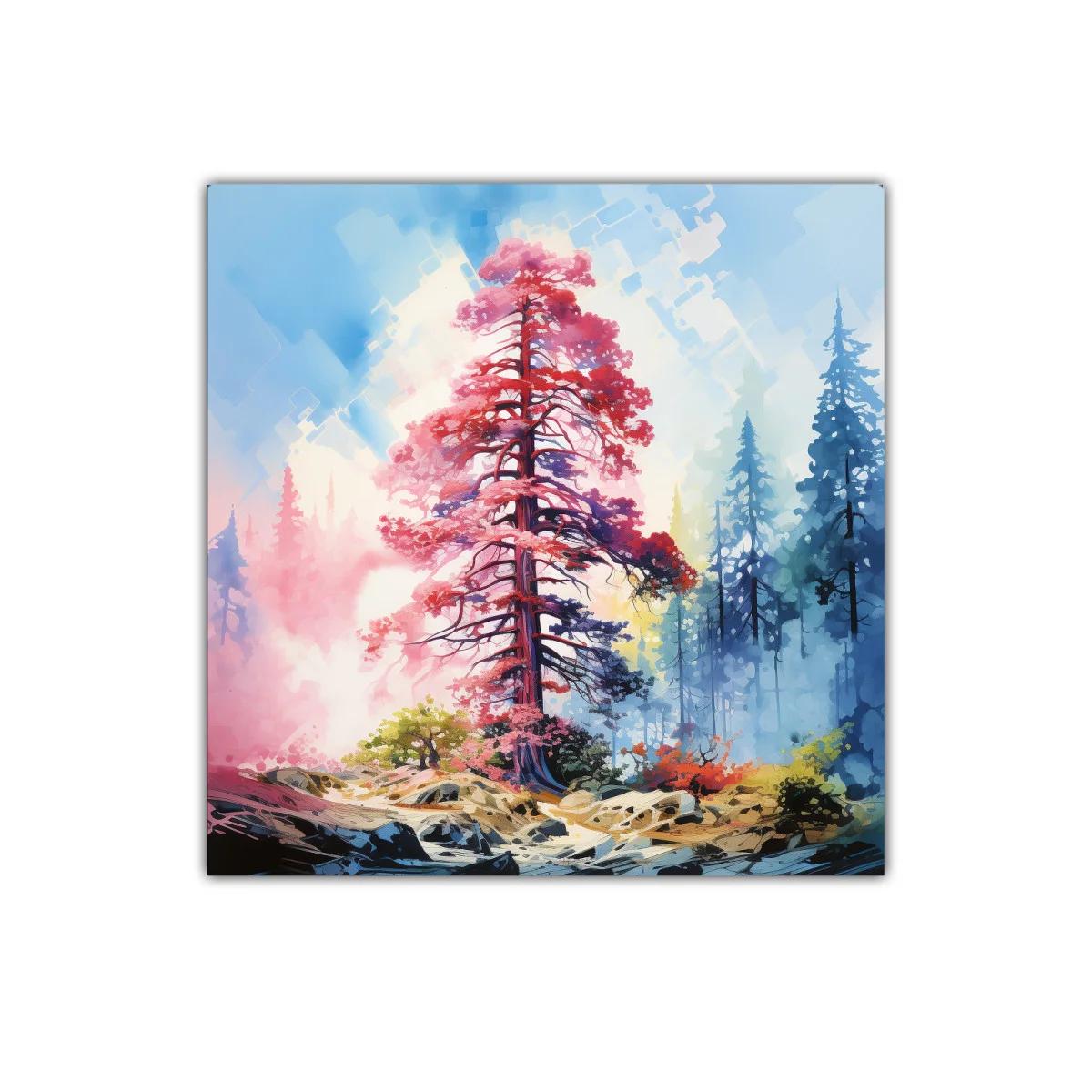 Árbol Carmesí en Bosque Brumoso con Luz Radiante