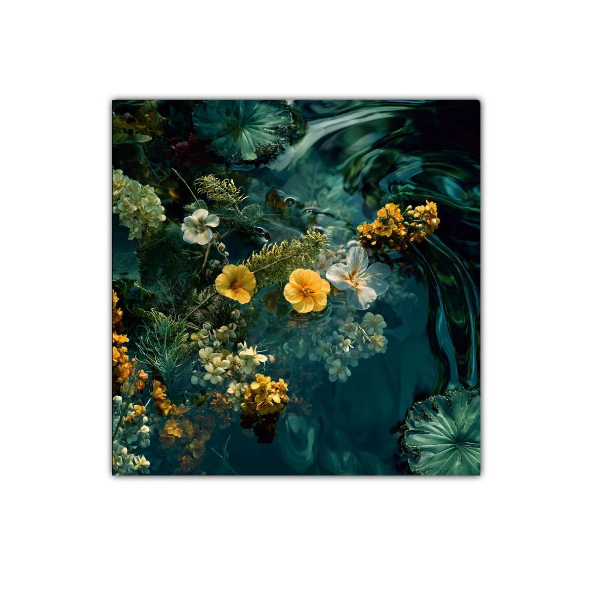 Flores flotantes en jardín acuático en tonos verdes y amarillos — imagen principal