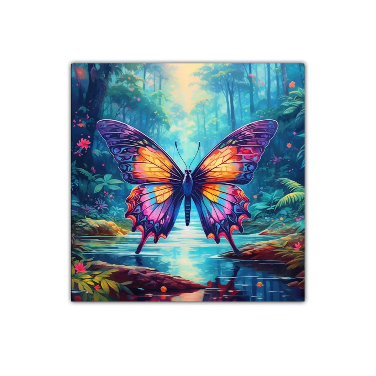 Mariposa colorida sobre río rodeado de bosque mágico