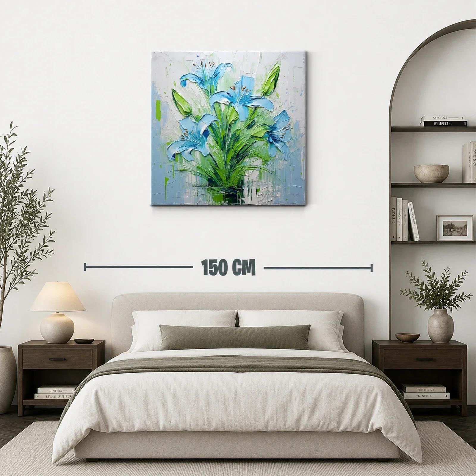 Cuadro floral intenso con lirios azules y verdes vibrantes — miniatura 3