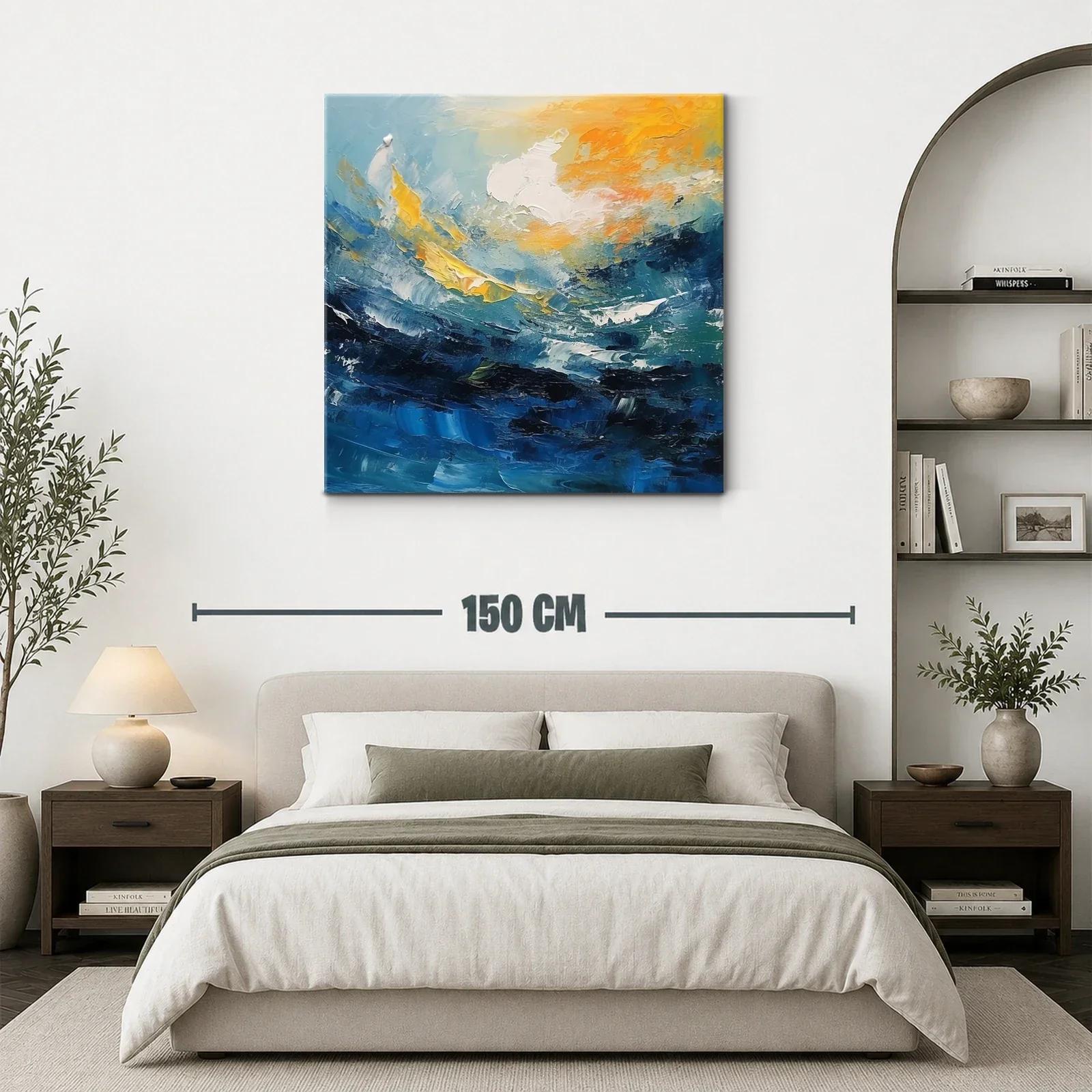 Cuadro abstracto con dinámicas olas y cielo en tonos cálidos — miniatura 3
