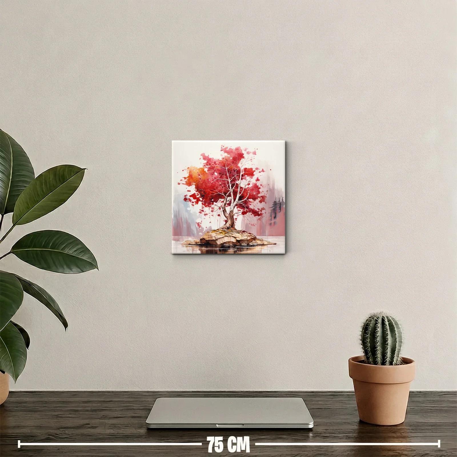 Árbol rojo vibrante sobre roca en lago calmado — miniatura 2
