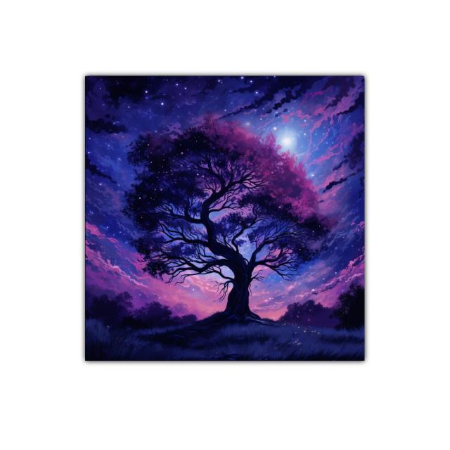 Árbol nocturno con cielo estrellado en tonos morados