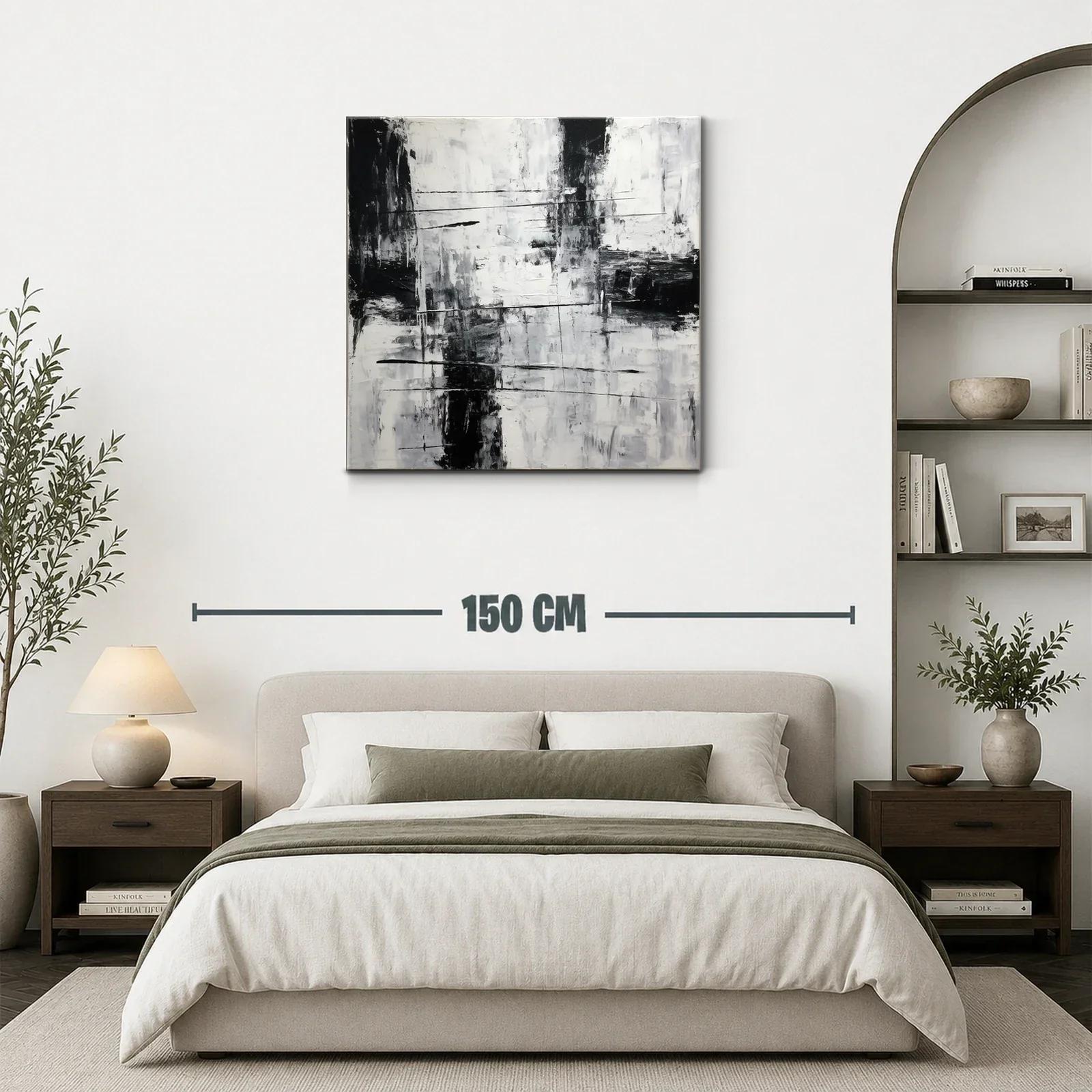 Cuadro abstracto en blanco y negro con textura y líneas dinámicas — miniatura 3