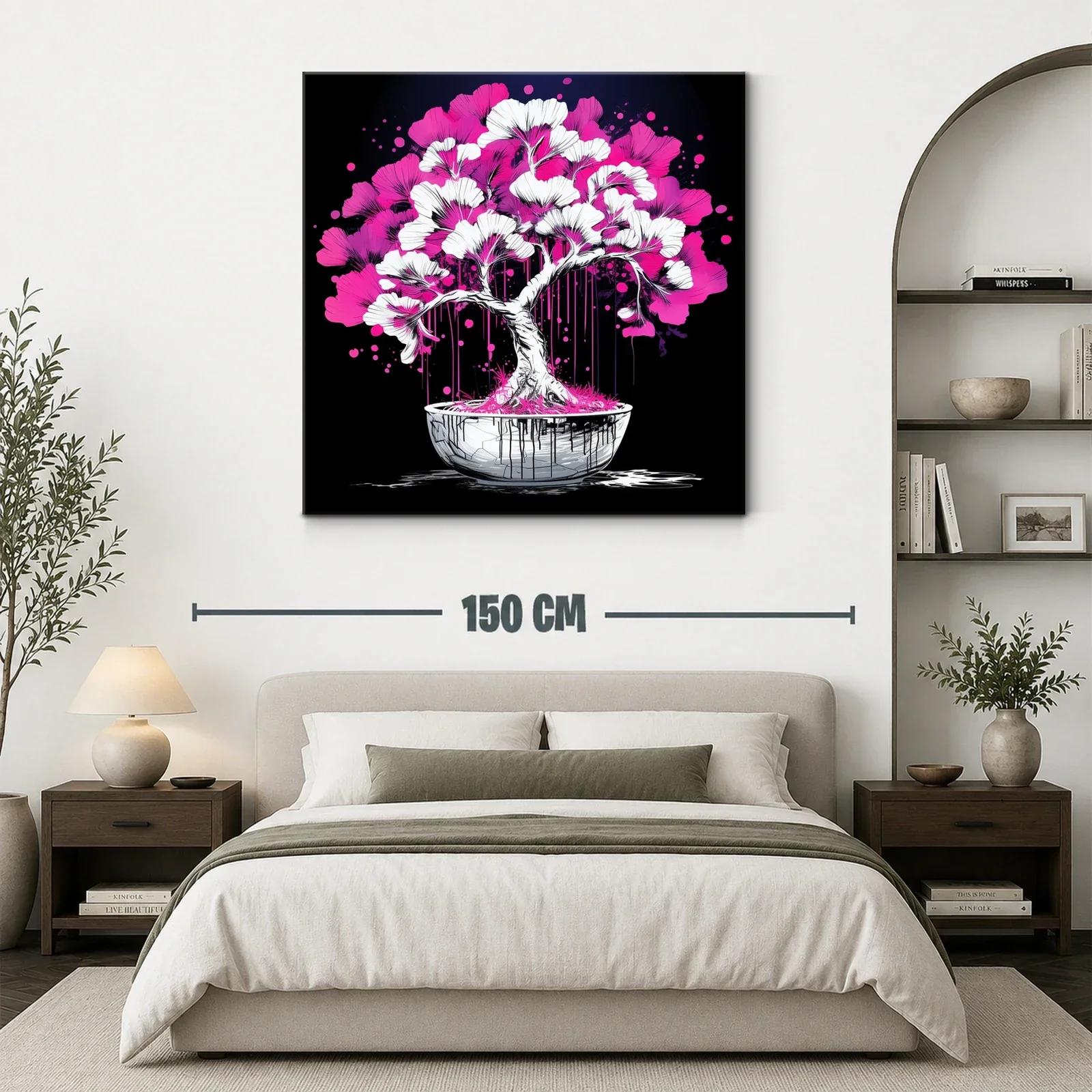 Árbol bonsái vibrante con flores rosa y blancas sobre fondo negro — miniatura 3