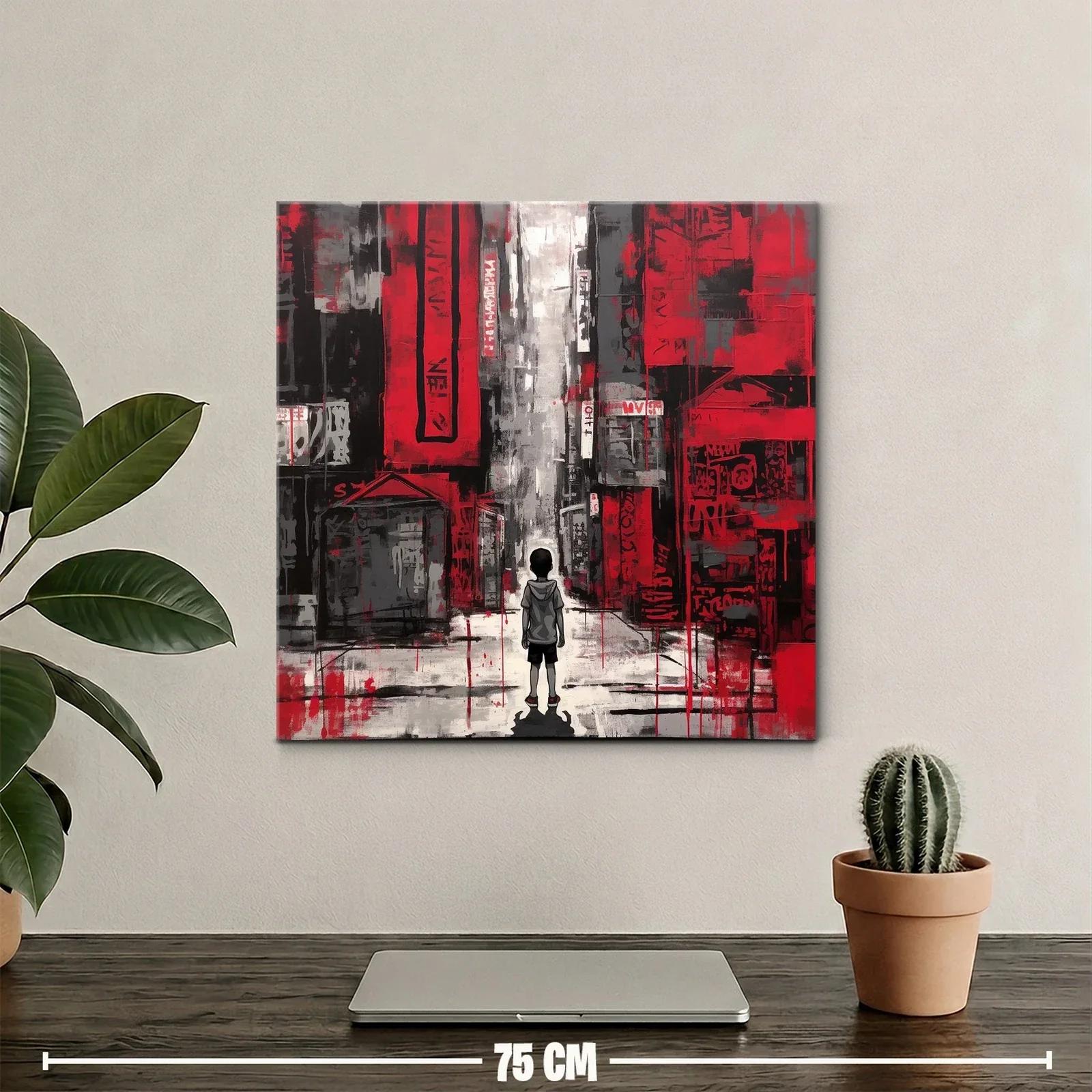 Escena urbana con niño en tonos rojos y grises vibrantes — miniatura 2